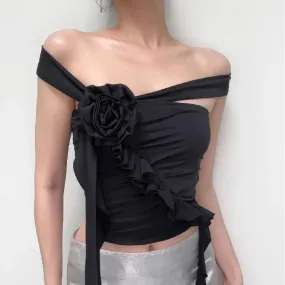 Gothic Off Crop Ruffles Shoulder Flower Backless Aesthetic Top