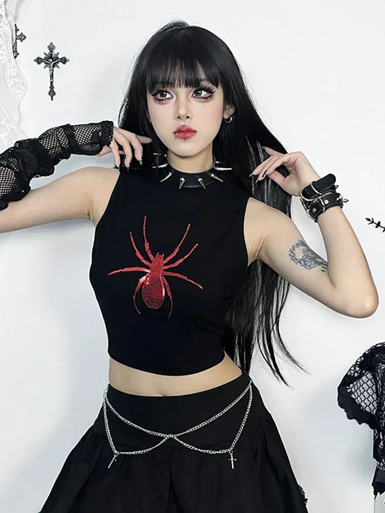 Gothic Spider Graphic Sleeveless Punk Alt Crop Top