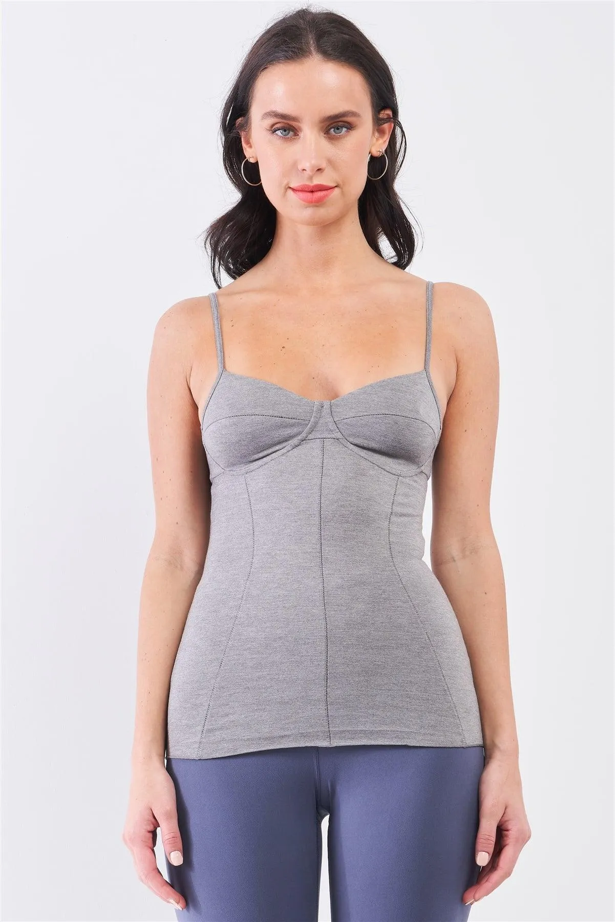 Heather Grey Sleeveless V-Neck Stitching Detail Basic Cami Top /2-1-1-2