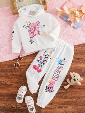 Hooded Graffiti Bear Print 2Pcs Toddler Girl Tracksuits