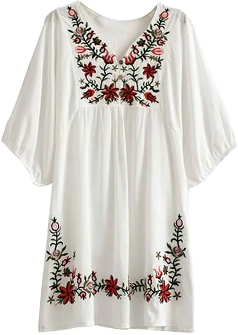 Kafeimali Summer Dress V Neck Mexican Embroidered Peasant Women's Dressy Tops Blouses