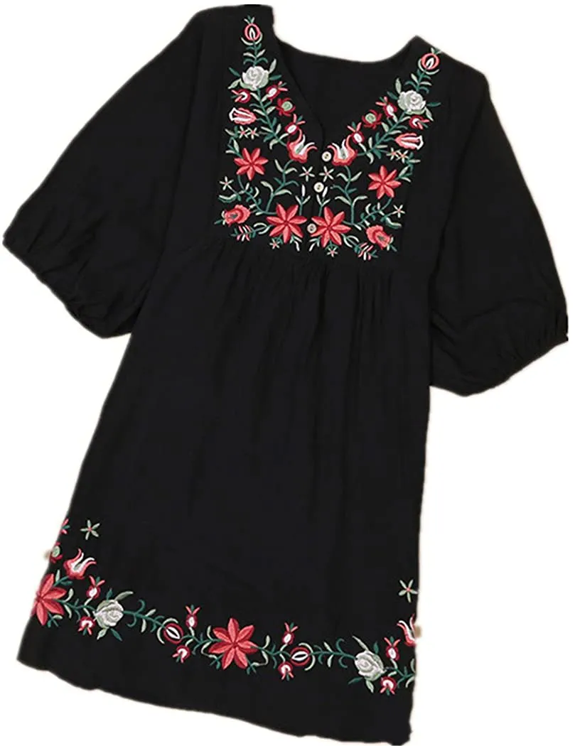 Kafeimali Summer Dress V Neck Mexican Embroidered Peasant Women's Dressy Tops Blouses