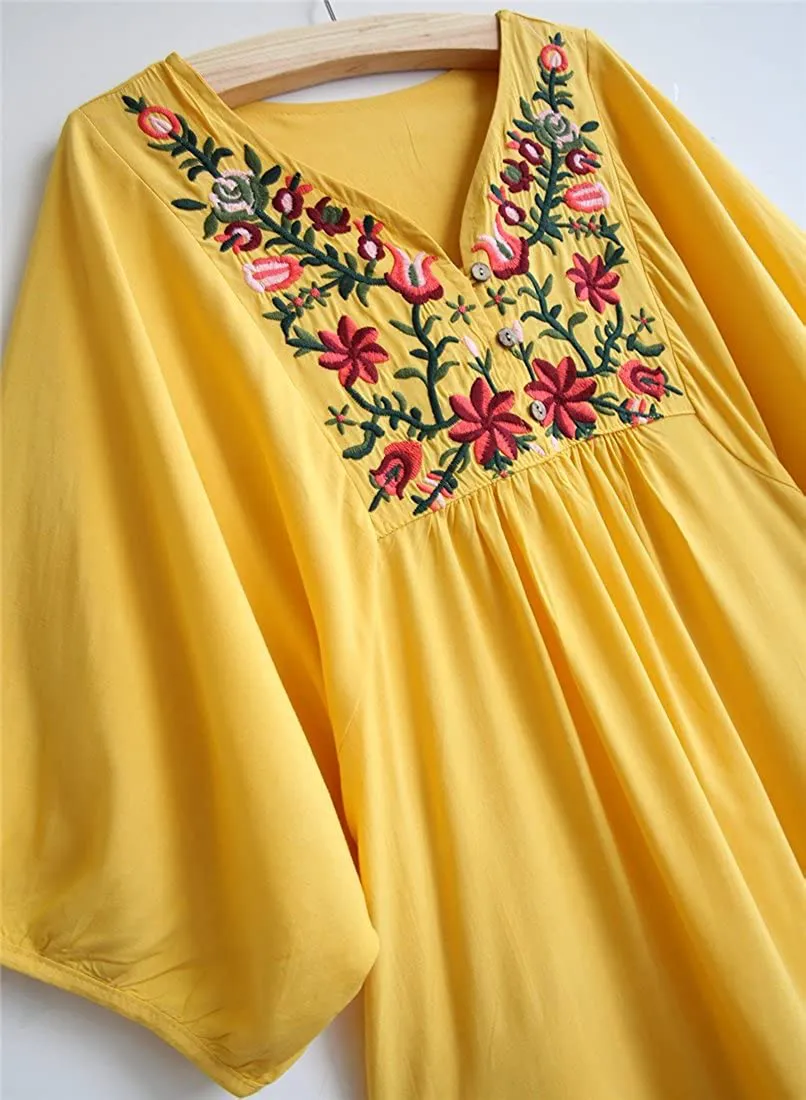 Kafeimali Summer Dress V Neck Mexican Embroidered Peasant Women's Dressy Tops Blouses