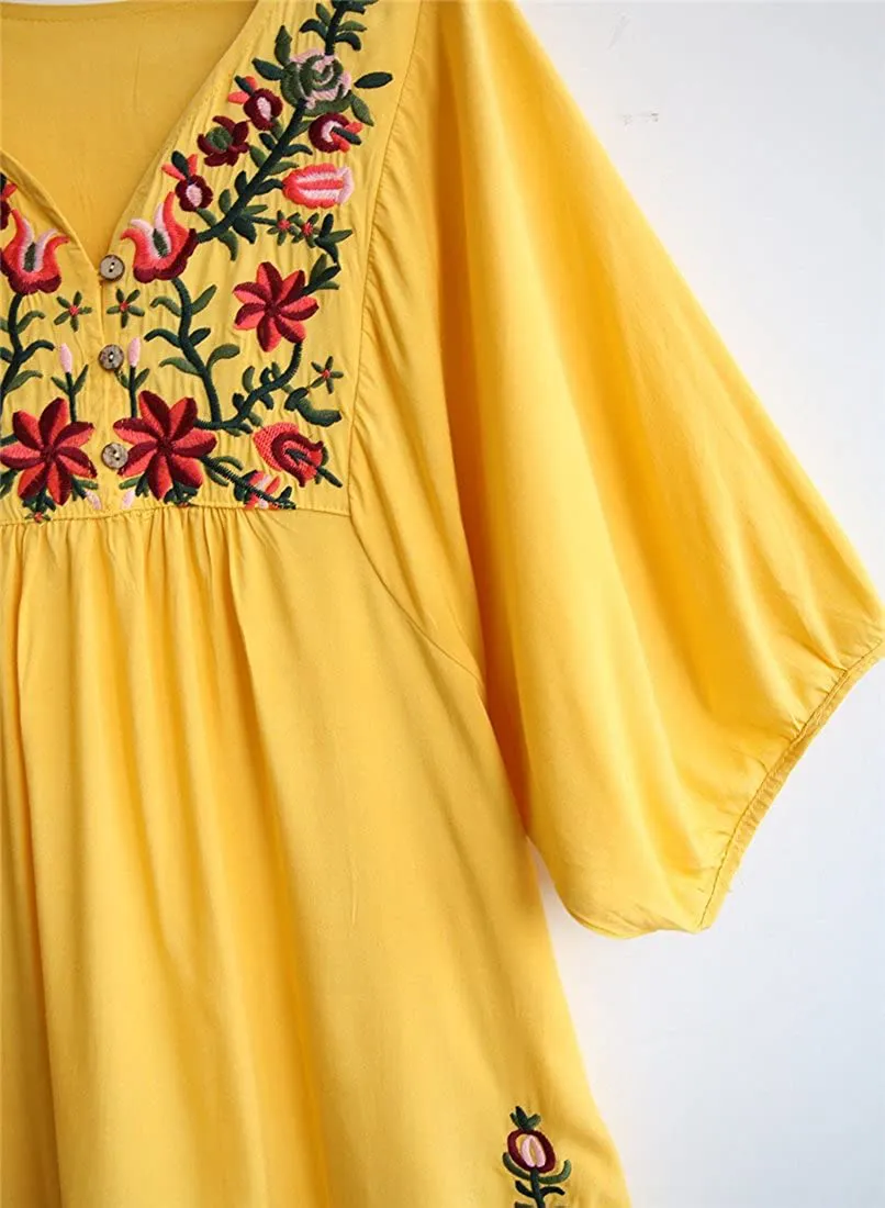 Kafeimali Summer Dress V Neck Mexican Embroidered Peasant Women's Dressy Tops Blouses