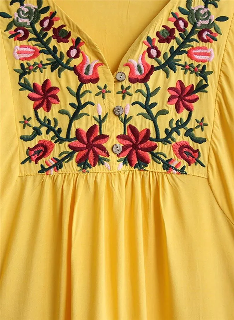 Kafeimali Summer Dress V Neck Mexican Embroidered Peasant Women's Dressy Tops Blouses