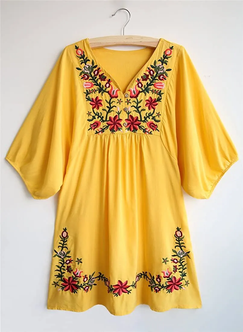 Kafeimali Summer Dress V Neck Mexican Embroidered Peasant Women's Dressy Tops Blouses