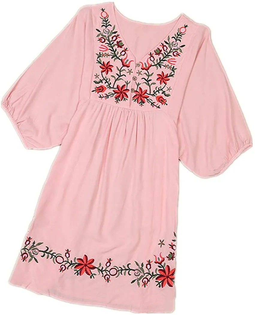 Kafeimali Summer Dress V Neck Mexican Embroidered Peasant Women's Dressy Tops Blouses