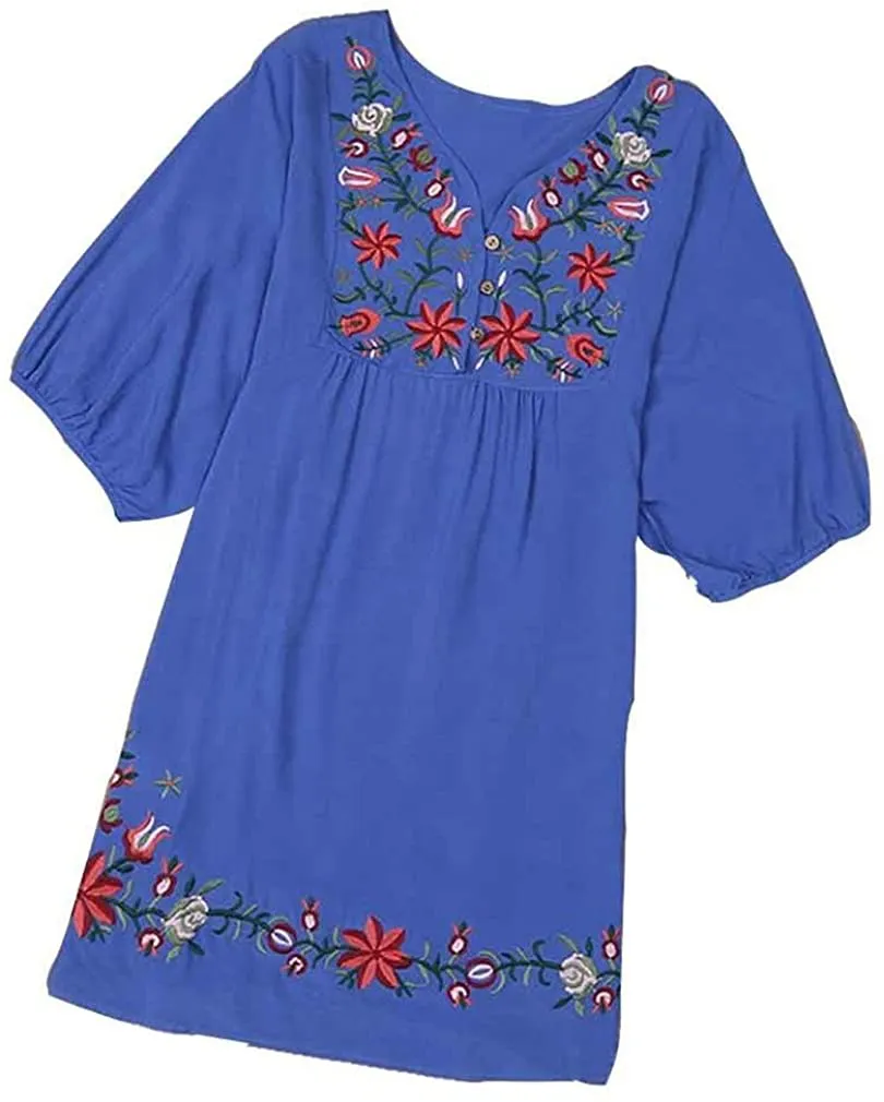 Kafeimali Summer Dress V Neck Mexican Embroidered Peasant Women's Dressy Tops Blouses