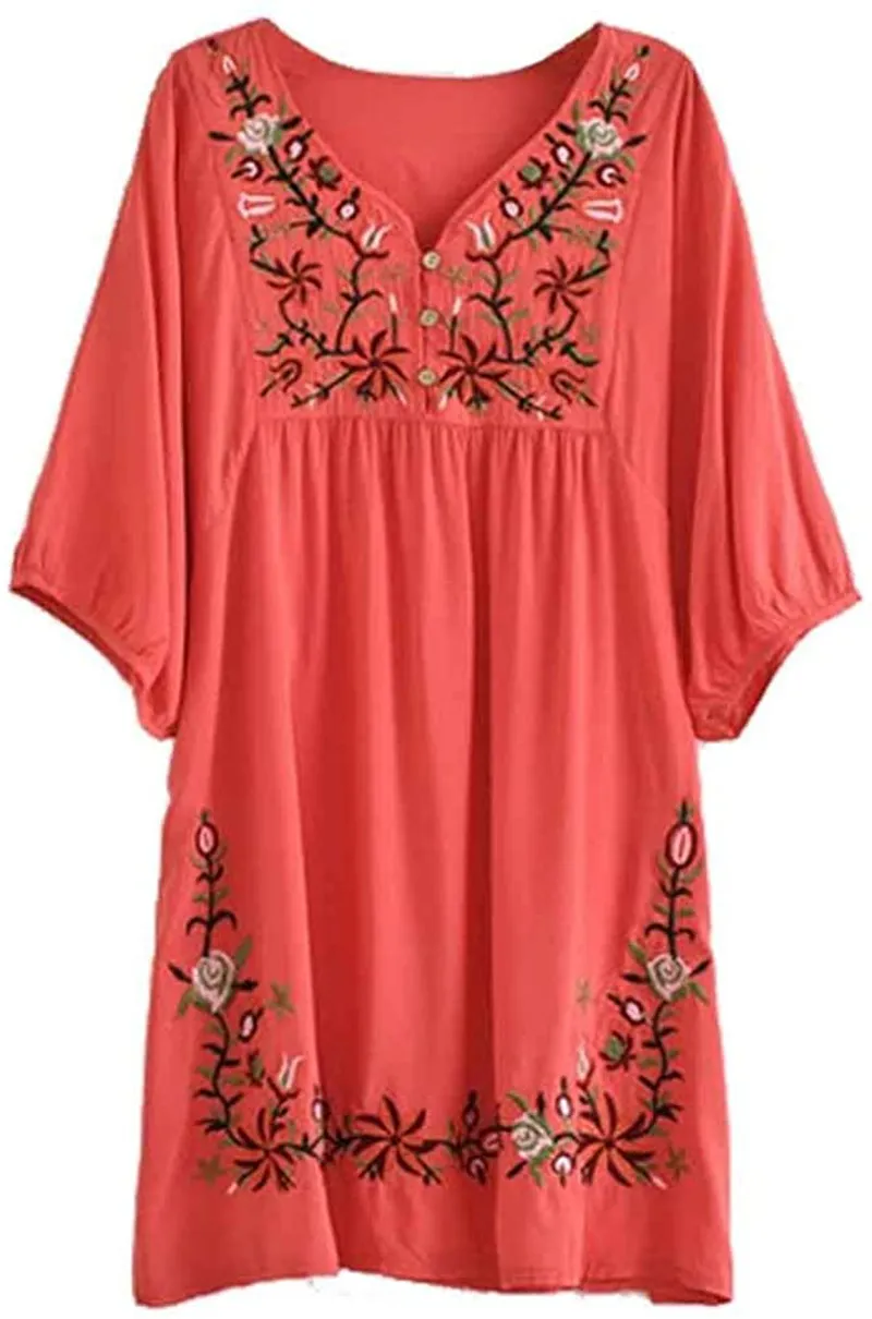 Kafeimali Summer Dress V Neck Mexican Embroidered Peasant Women's Dressy Tops Blouses