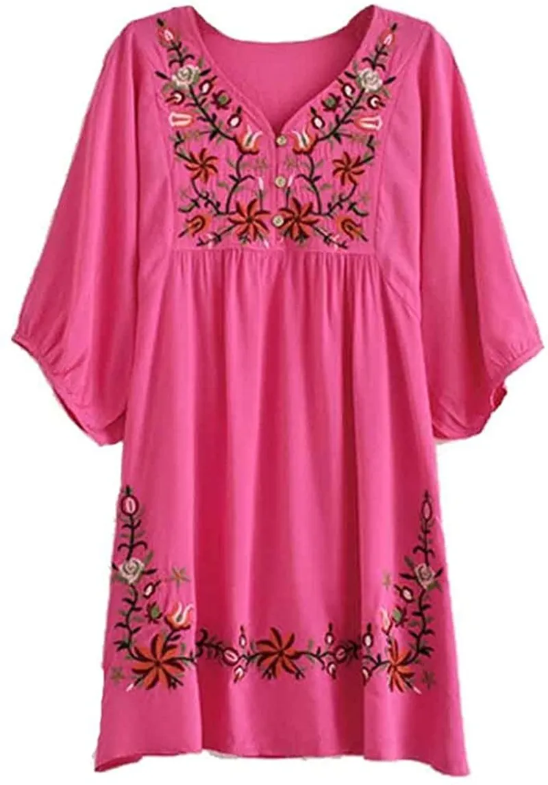 Kafeimali Summer Dress V Neck Mexican Embroidered Peasant Women's Dressy Tops Blouses