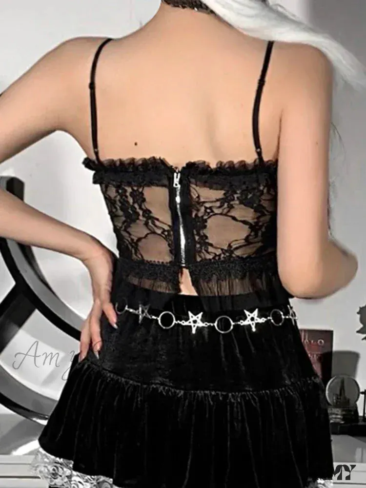 Lace Top Zipper Y2K Patchwork See Crop Gothic Vintage Backless Through Aesthetic