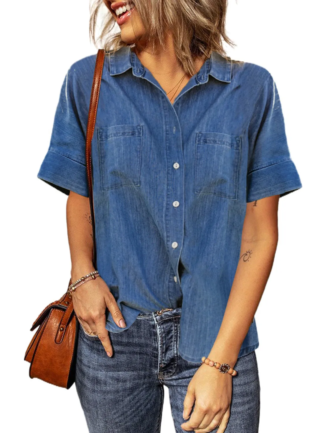 luvamia Women's Denim Shirts Casual Short Sleeve V Neck Button Down Blouses Tops