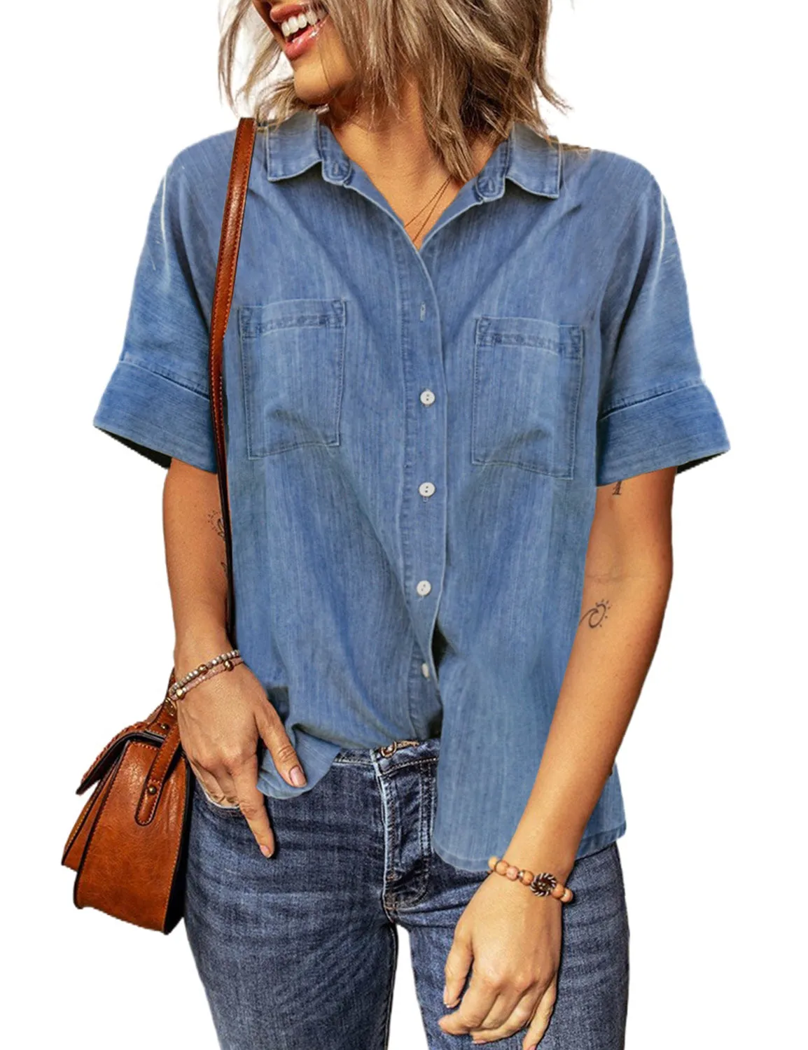 luvamia Women's Denim Shirts Casual Short Sleeve V Neck Button Down Blouses Tops