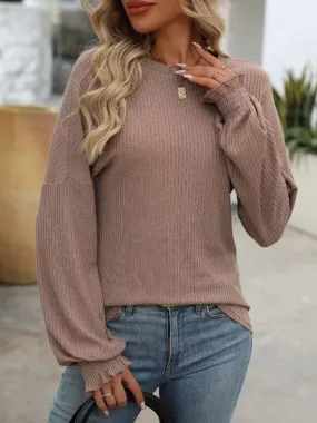 Mandy Ribbed Round Neck Long Sleeve T-Shirt