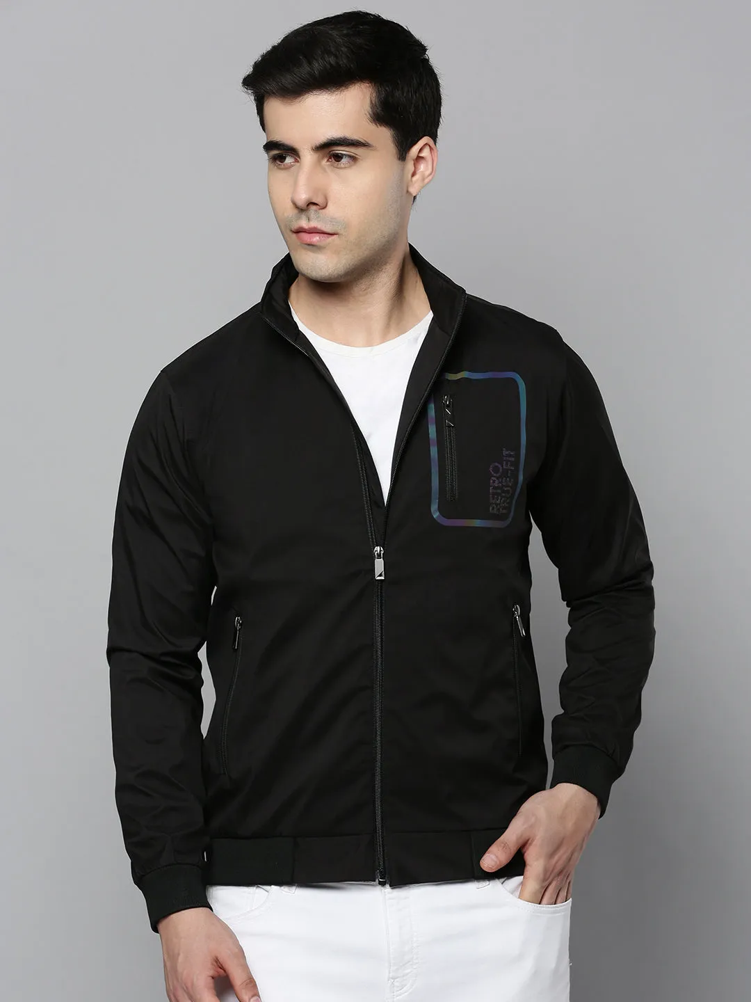 Men Black Solid Bomber Jacket