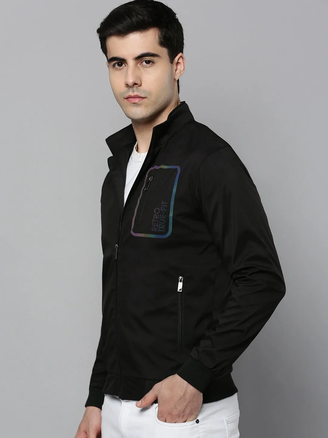 Men Black Solid Bomber Jacket