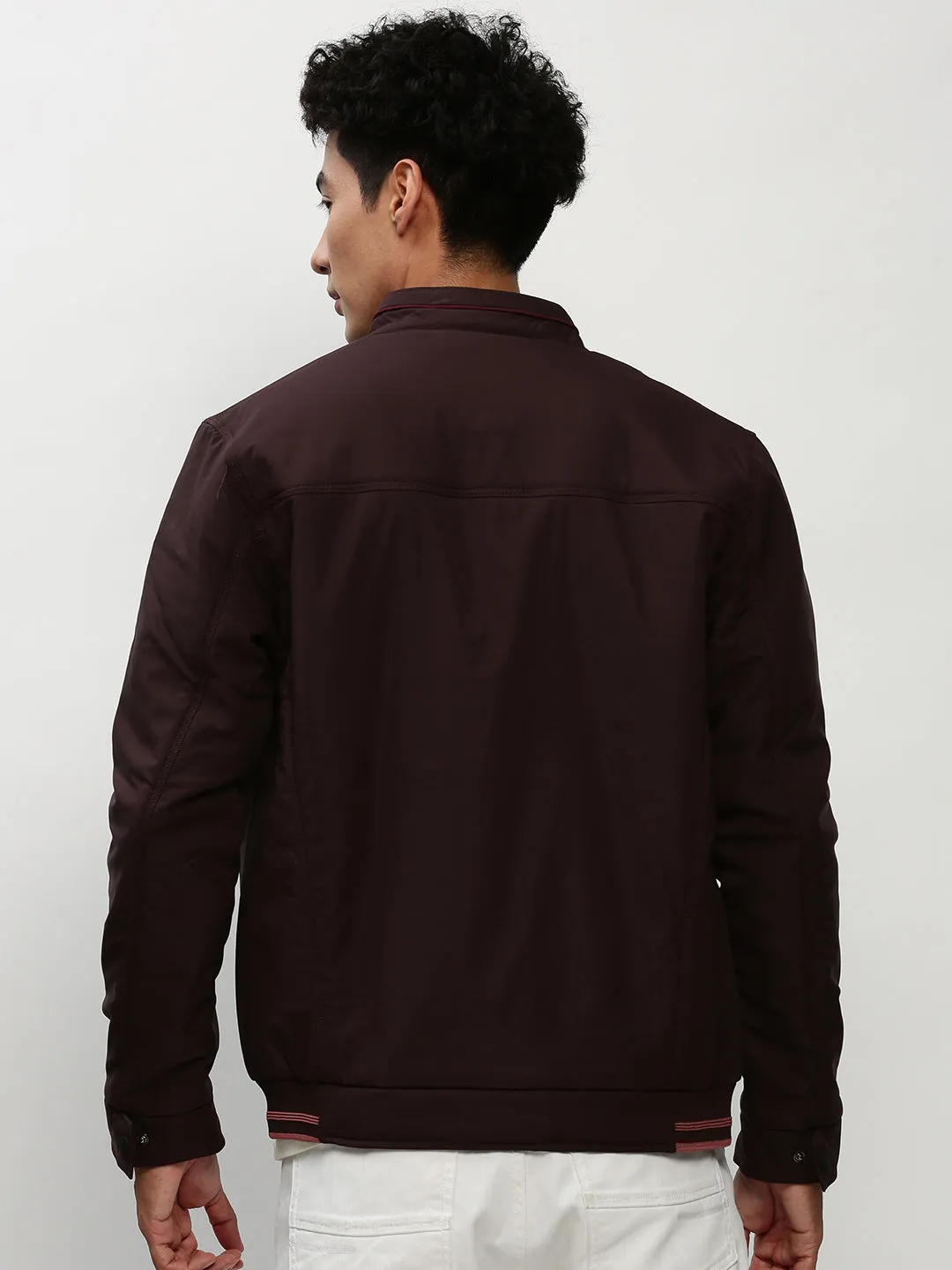 Men Brown Solid Casual Bomber Jackets