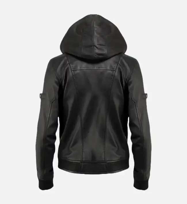 Men’s Hooded Black Leather Jacket