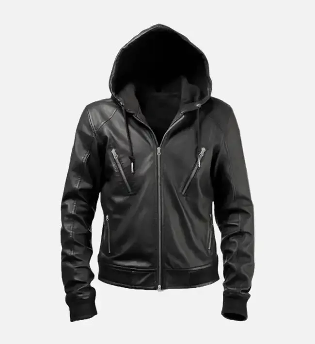 Men’s Hooded Black Leather Jacket