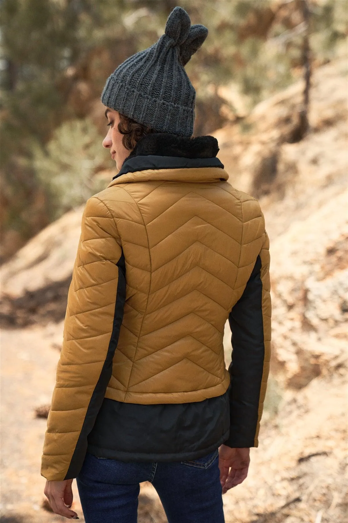 Mustard & Black Chevron Quilted High Neck Double Zip Fastening Puffer Jacket