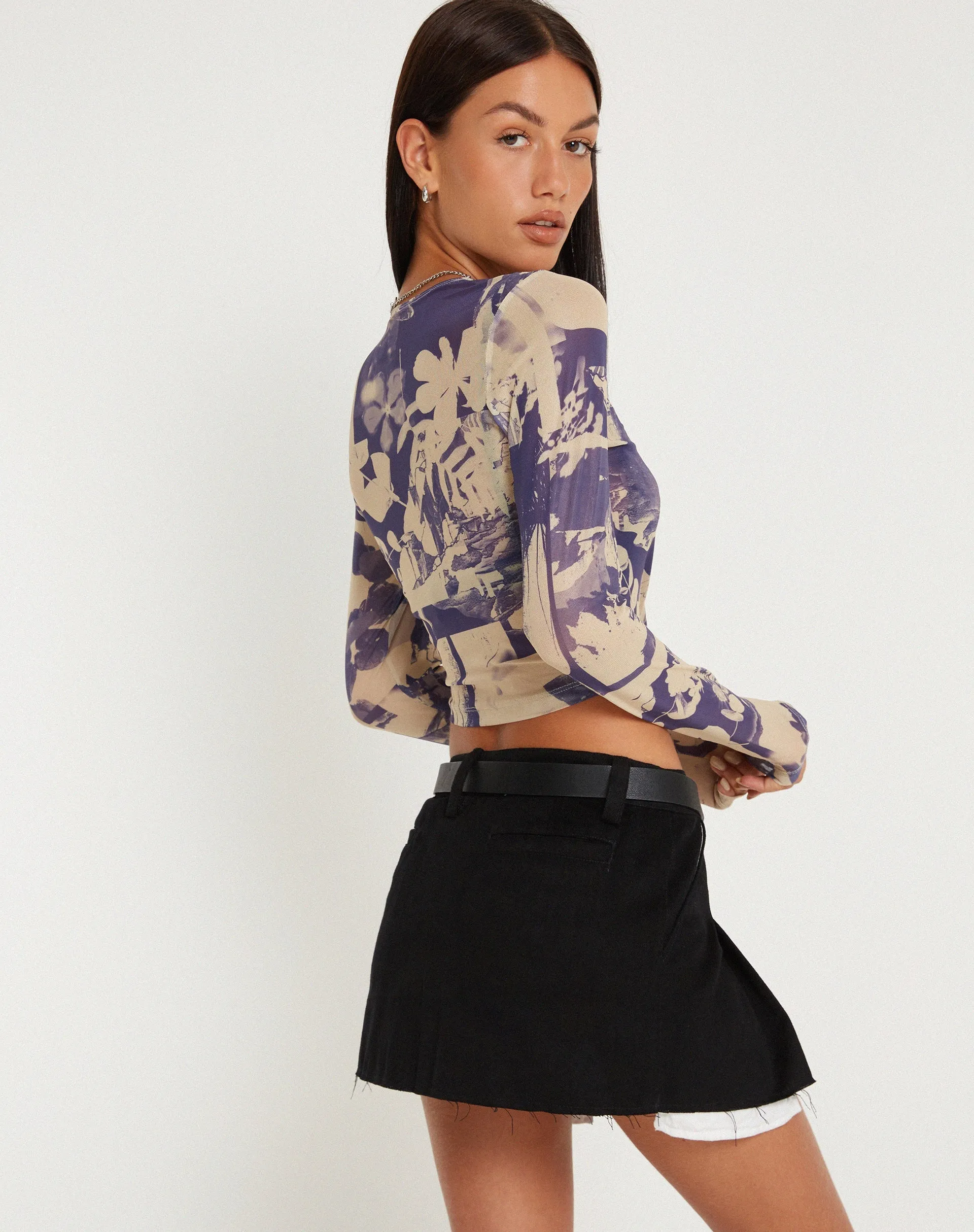 Narita Printed Long Sleeve Crop Top in Collage Floral Shadow Purple