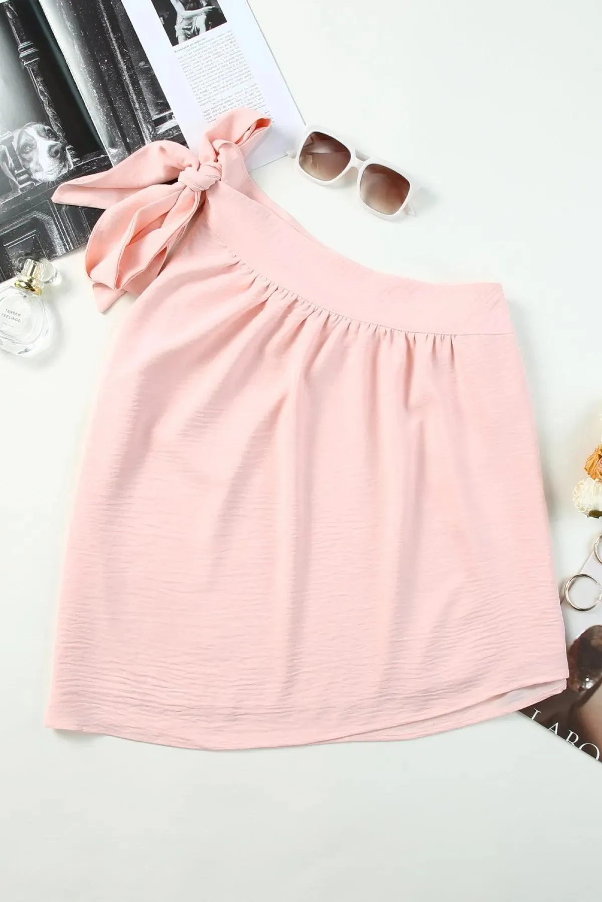 Pink Asymmetric Tie On Shoulder Sleeveless Blouse