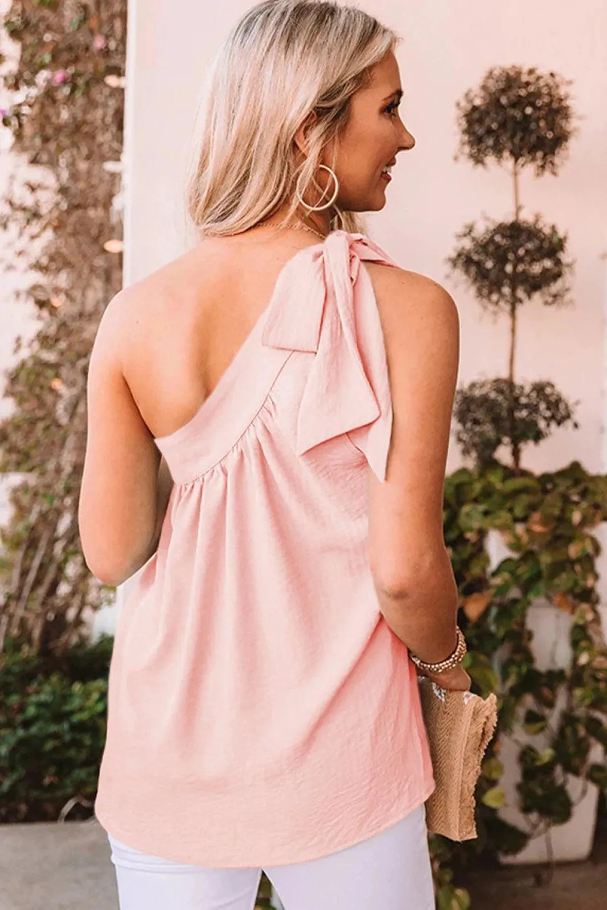 Pink Asymmetric Tie On Shoulder Sleeveless Blouse