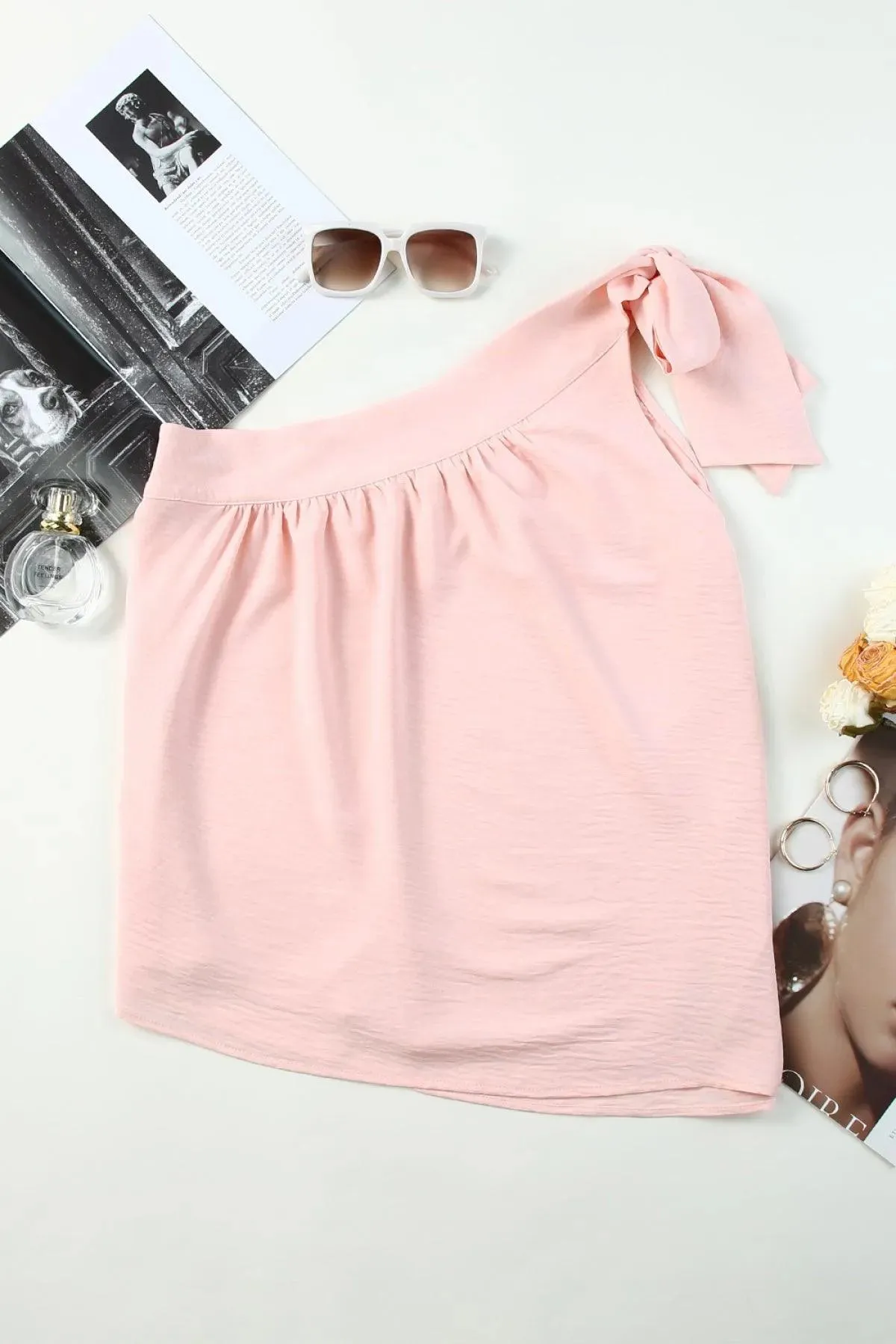 Pink Asymmetric Tie On Shoulder Sleeveless Blouse