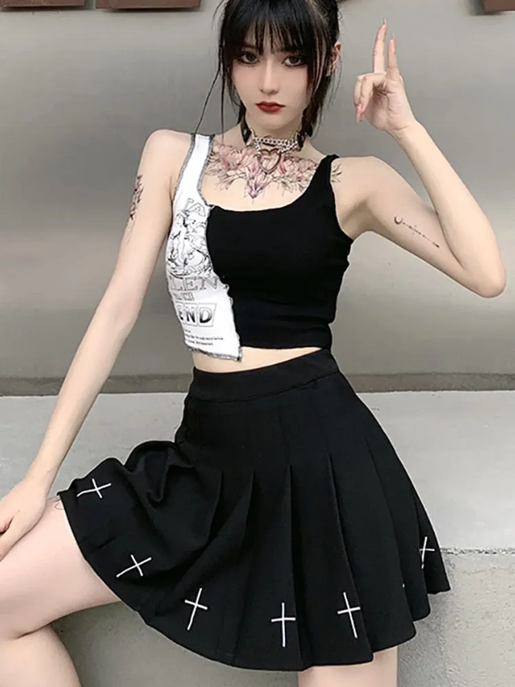 Punk Style Patchwork Tank Top with Irregular Hem