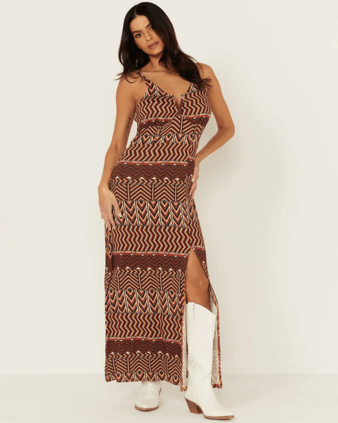 Rock & Roll Cowgirl Women's Burnt Orange Geo Print Tank Maxi Dress BWD0R03294