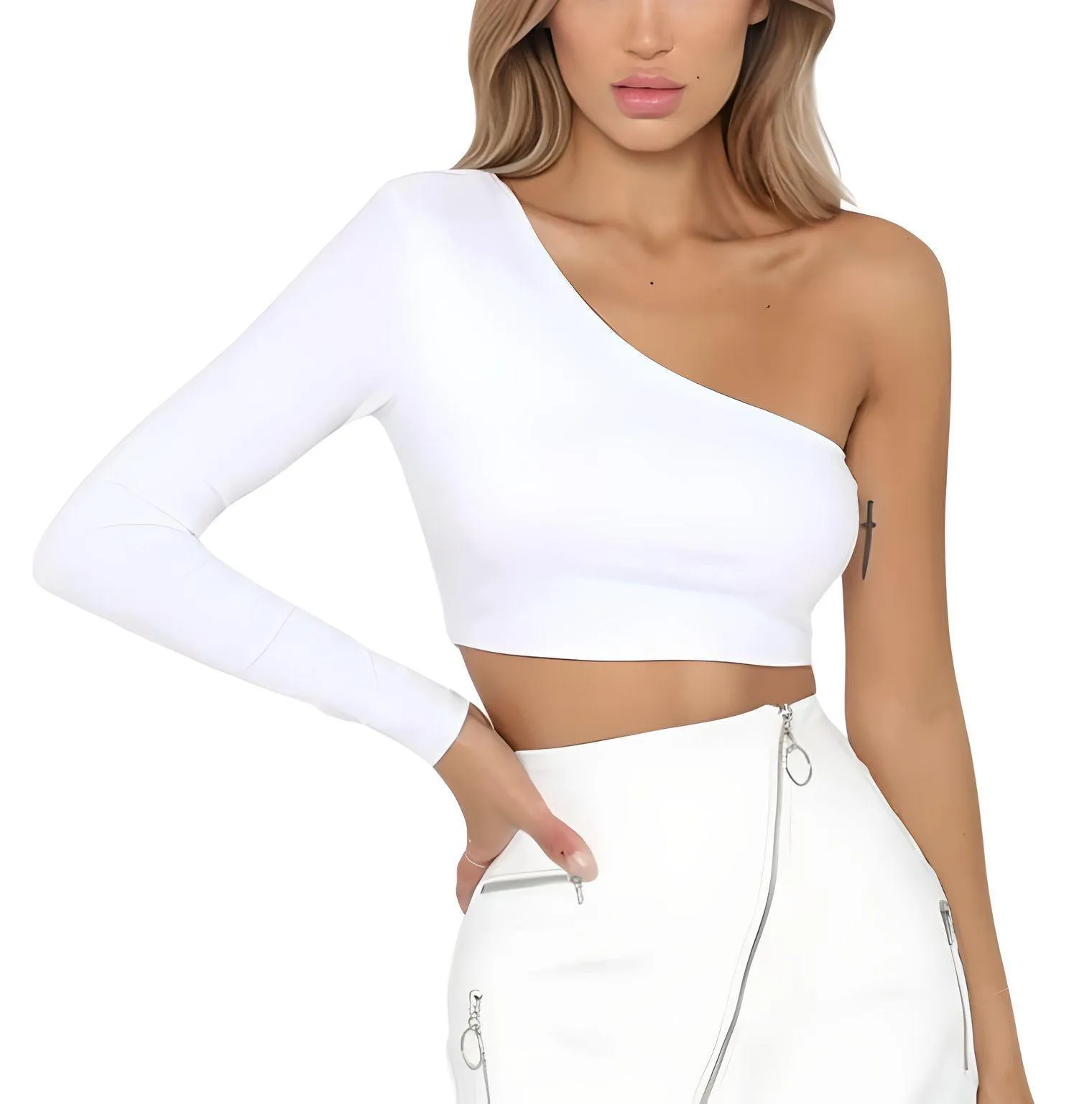 Sexy Women's One Shoulder Crop Top Diagonal Collar Long Sleeve Casual Basic White Slim Fit Bodycon Tops