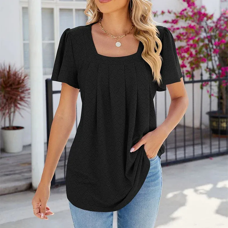 Square Collar Short Sleeve Women's Casual Summer Street Outfit Blouse