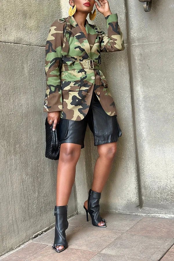 Stylish Camouflage Print Mid Length Trench Coat