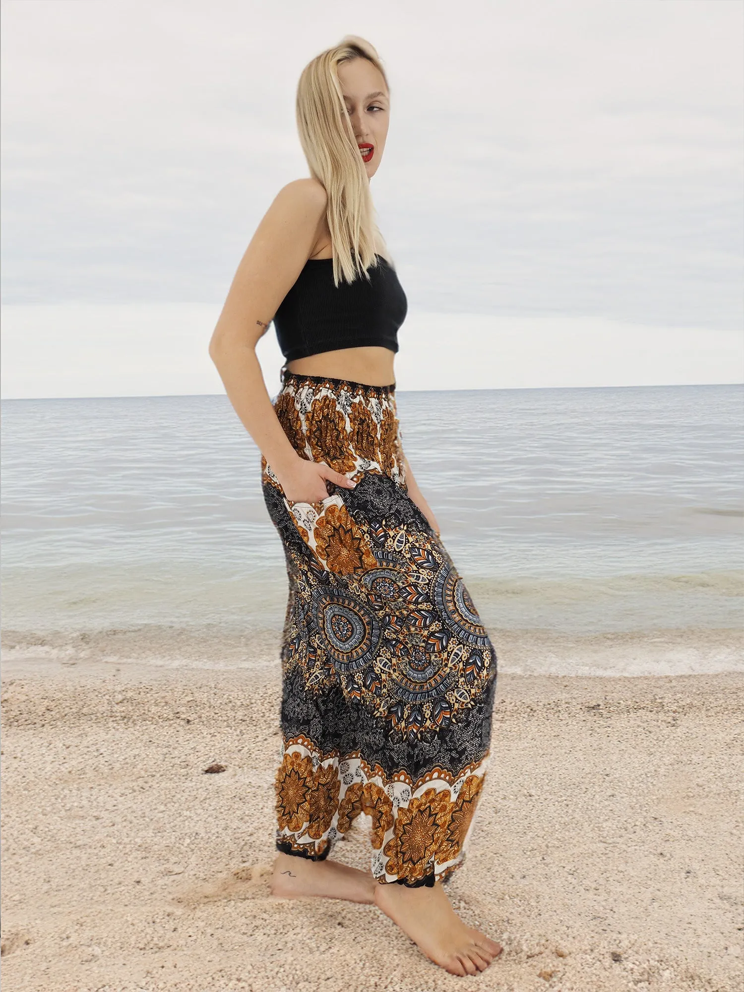 Unisex Harem Yoga Hippie Boho Pants in Navy And Copper Tones Color XL