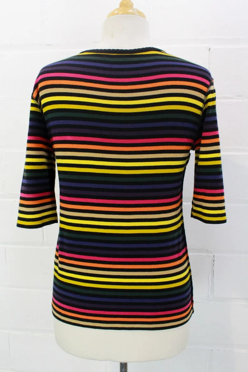 Vintage 1990s Sonia Rykiel Rainbow Striped T-Shirt with Rhinestone Logo, Medium