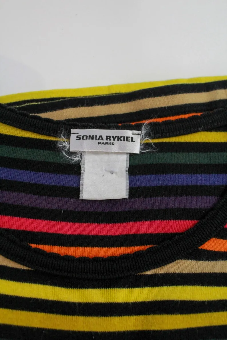 Vintage 1990s Sonia Rykiel Rainbow Striped T-Shirt with Rhinestone Logo, Medium