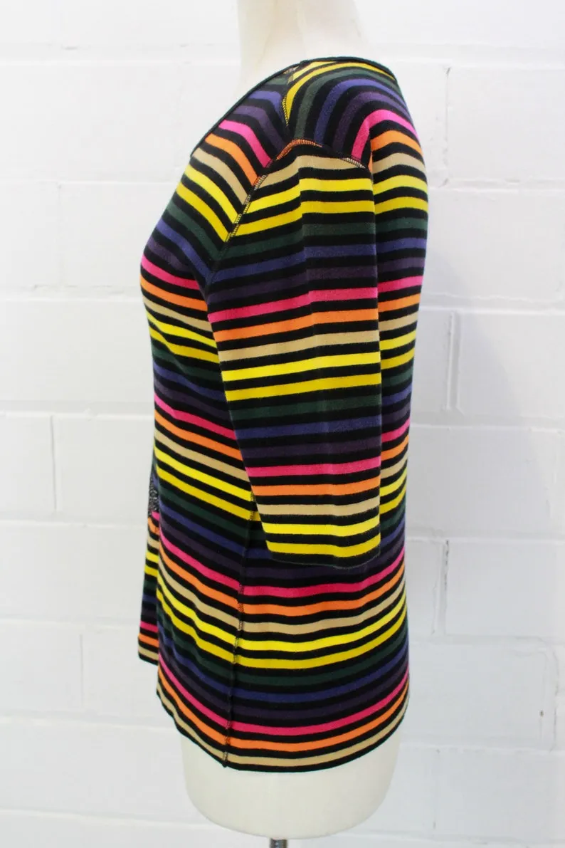 Vintage 1990s Sonia Rykiel Rainbow Striped T-Shirt with Rhinestone Logo, Medium