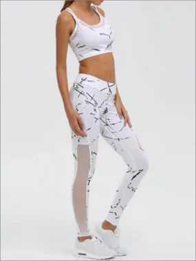 Women's White Marble Print Mesh Panel Activewear Set